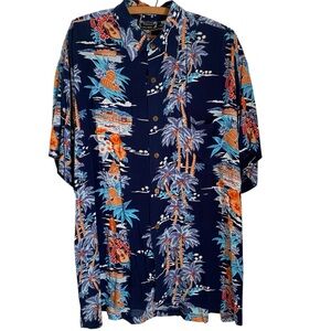 Tropical Vibrant Hawaiian Navy Blue Casual Button Down Shirt L 90s Vintage